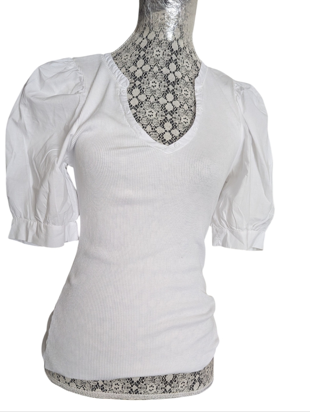 NATION LTD White Puff Sleeve Ribbed V-Neck Top